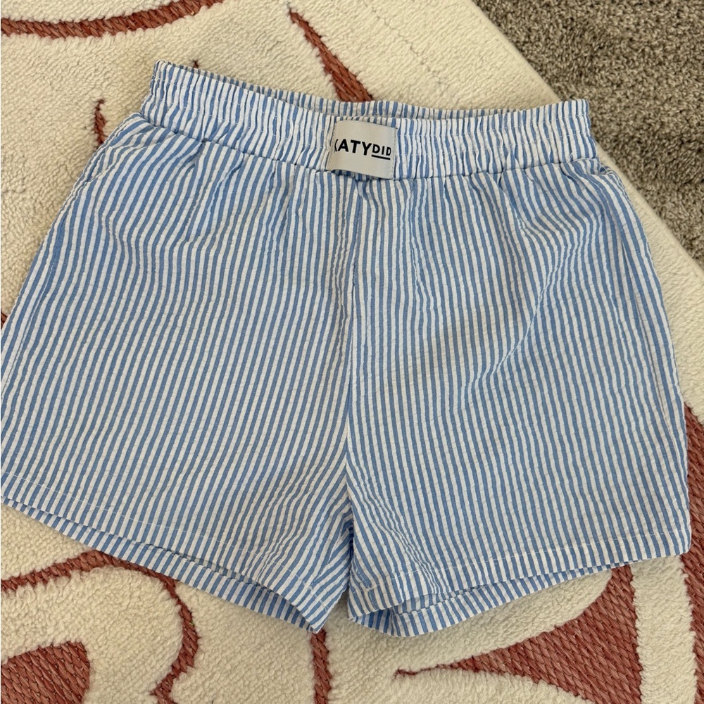 Katydid Striped High Waist Shorts in Blue and White